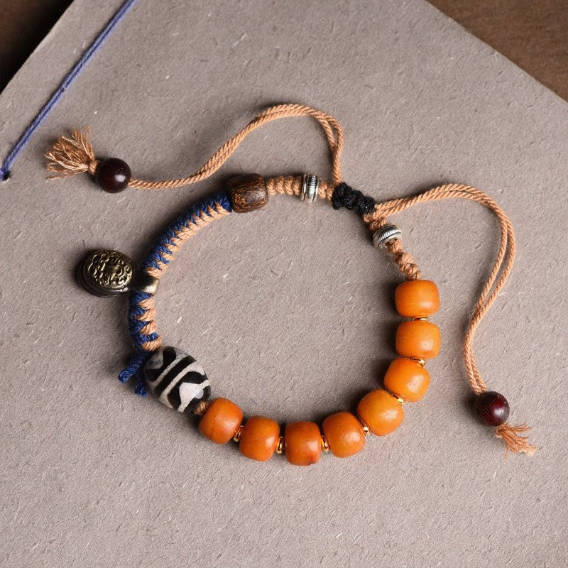 Buddha Stones Pulsera de la riqueza con cuentas Dzi y detalles de latón tibetano - image 1