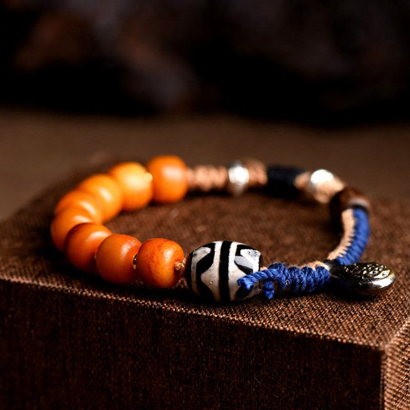 Buddha Stones Pulsera de la riqueza con cuentas Dzi y detalles de latón tibetano - image 3
