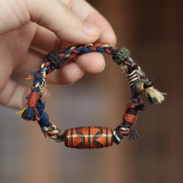 Buddha Stones Pulsera de cuerda con cuentas Dzi tibetanas vintage para la suerte - Cuenta Dzi de doble diente de tigre (circunferencia de la muñeca: 15-18 cm) - image 0