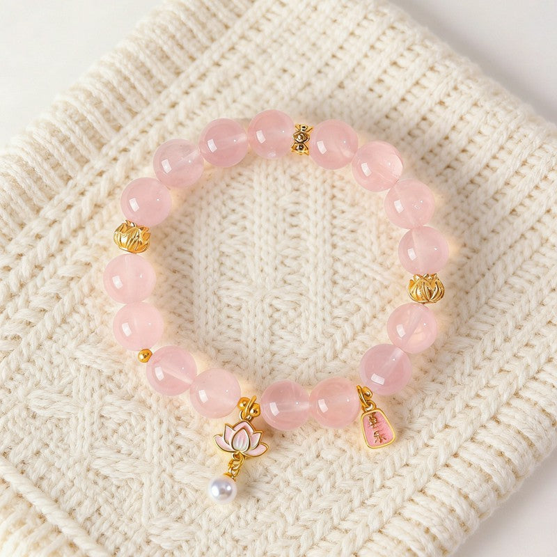 Buddha Stones Pulsera con dije de loto de cuarzo rosa natural y cuarzo transparente - image 1