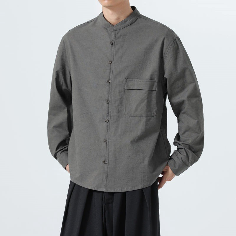 Buddha Stones Camisas de manga larga para hombre de estilo minimalista Tang con cuello mandarín y bolsillo de parche. - image 3