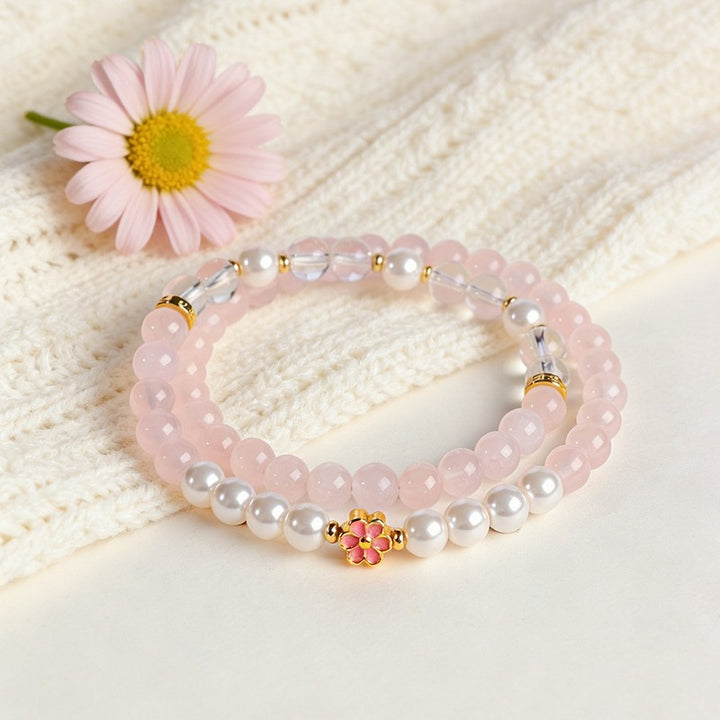 Buddha Stones Pulsera Armonía de Flores Dulces con Cuarzo Rosa y Cuarzo Transparente - Cuarzo rosa de doble vuelta (circunferencia de la muñeca: 14-15 cm) - image 11