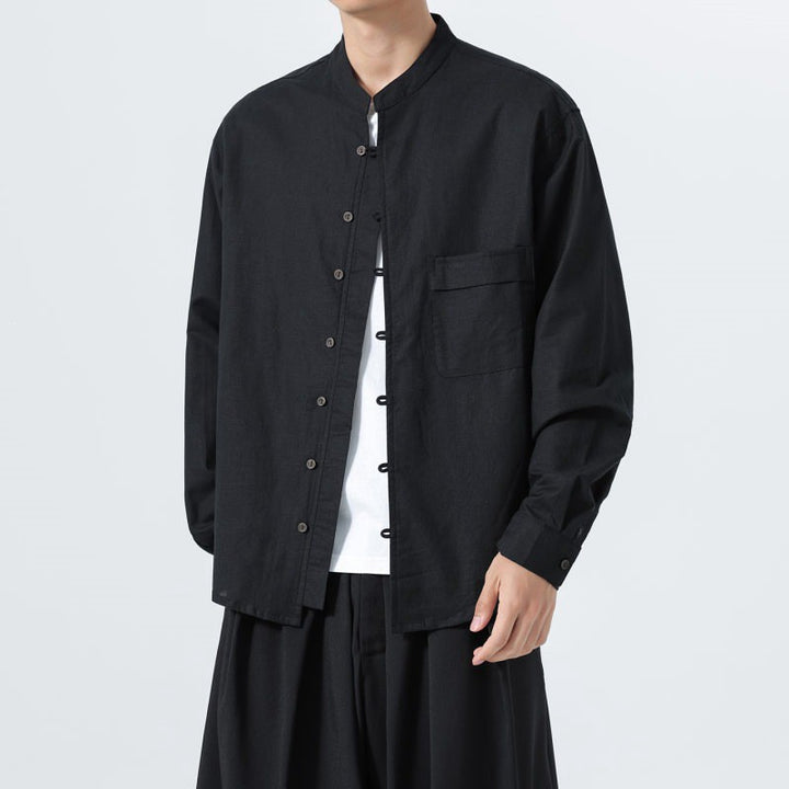 Buddha Stones Camisas de manga larga para hombre de estilo minimalista Tang con cuello mandarín y bolsillo de parche. - image 7