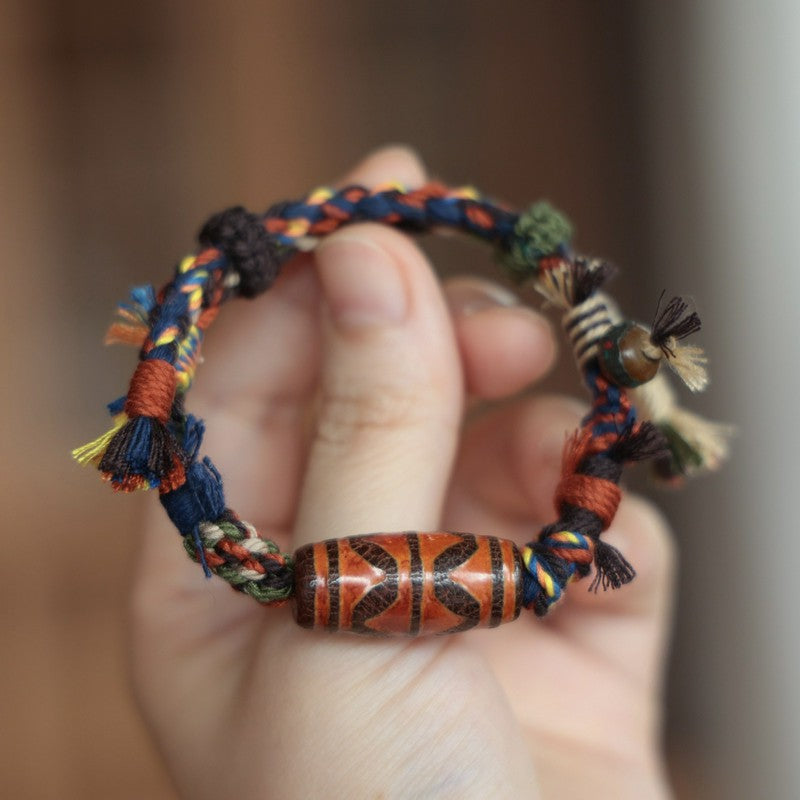 Buddha Stones Pulsera de cuerda con cuentas Dzi tibetanas vintage para la suerte - image 1