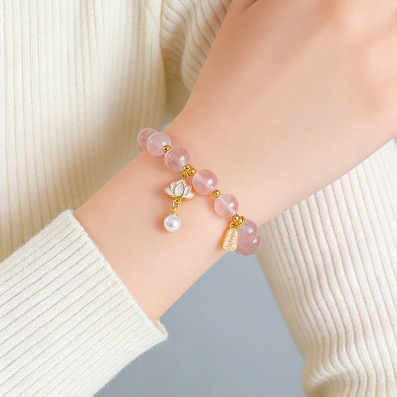 Buddha Stones Pulsera con dije de loto de cuarzo rosa natural y cuarzo transparente - image 4