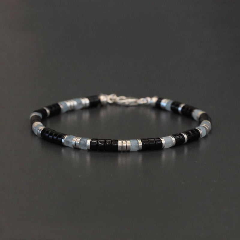 Buddha Stones Pulsera elástica de cuentas de protección con calcedonia azul y ónix negro - Calcedonia azul y ónix negro (circunferencia de la muñeca: 16-18 cm) - image 0