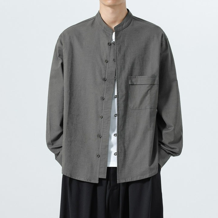 Buddha Stones Camisas de manga larga para hombre de estilo minimalista Tang con cuello mandarín y bolsillo de parche. - Gris oscuro - US/UK/AU46, EU56 (5XL) - image 0
