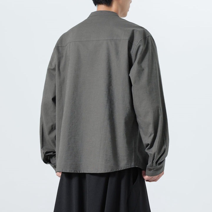 Buddha Stones Camisas de manga larga para hombre de estilo minimalista Tang con cuello mandarín y bolsillo de parche. - image 5