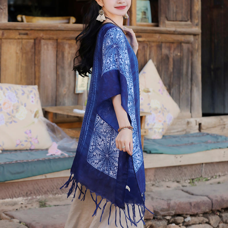 Jersey de viaje acogedor con borlas y chal Batik de rayas geométricas azules con Buddha Stones 90*95cm