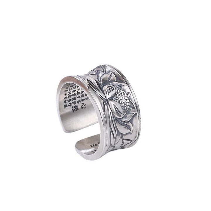 Anillo de protección Sutra de corazón de flor de loto de plata de ley 999 con Buddha Stones