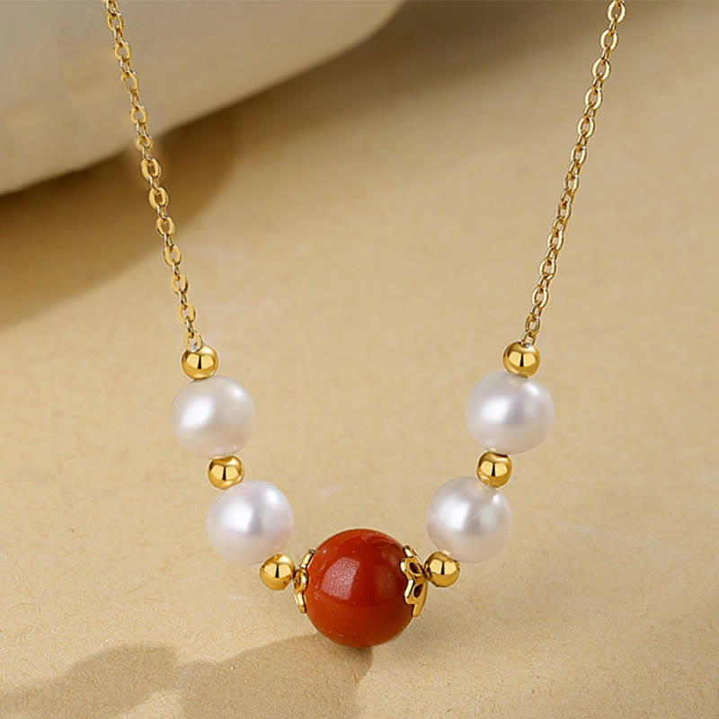 Collar con colgante de cadena de cuentas curativas de sinceridad con perlas de cinabrio de plata de ley 925 con Buddha Stones - Perla y cinabrio - image 0