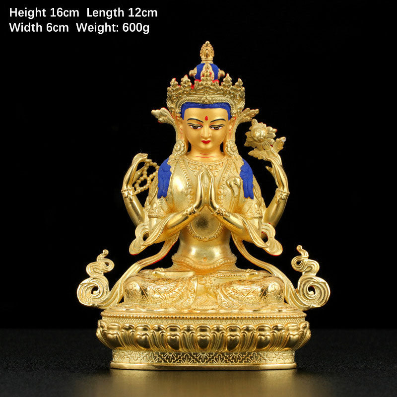 Chenrezig-Estatua chapada en oro y cobre con protección Avalokitesvara de cuatro brazos, decoración