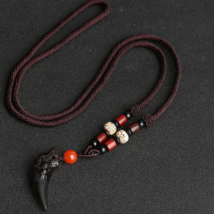Colgante de collar con diseño de diente de lobo, obsidiana de hielo Natural, Buddha Stones - Obsidiana de hielo de 41*14 mm, semilla de Bodhi y cuerda marrón - image 8