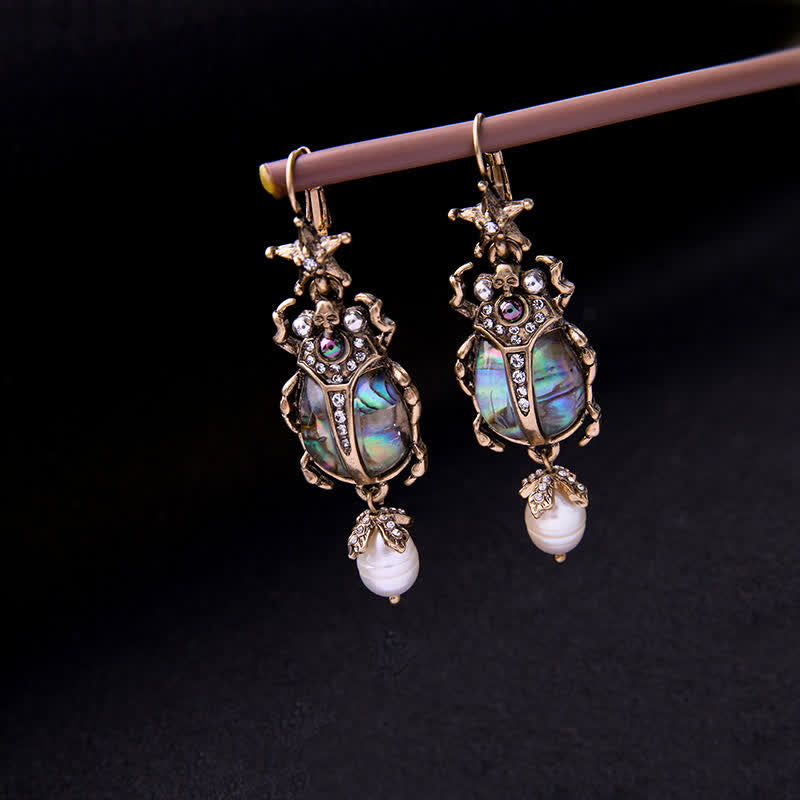 Pendientes colgantes con forma de calavera y escarabajo, estilo vintage, con perlas de cristal y escarabajo