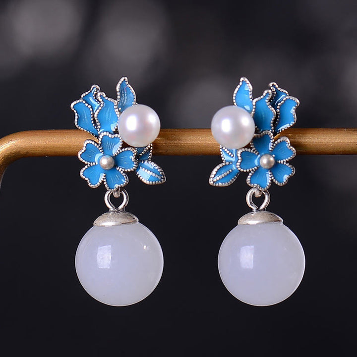 Buddha Stones Jade blanco Plata de ley 925 Perla Flor Bendición Collar Colgante Anillo Pendientes