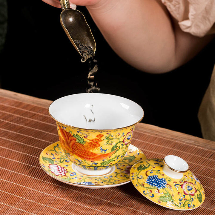 Taza de té y platillo con tapa, cerámica, diseño de flor de Fénix, dragón, Buddha Stones , Gaiwan Sancai, Kung Fu