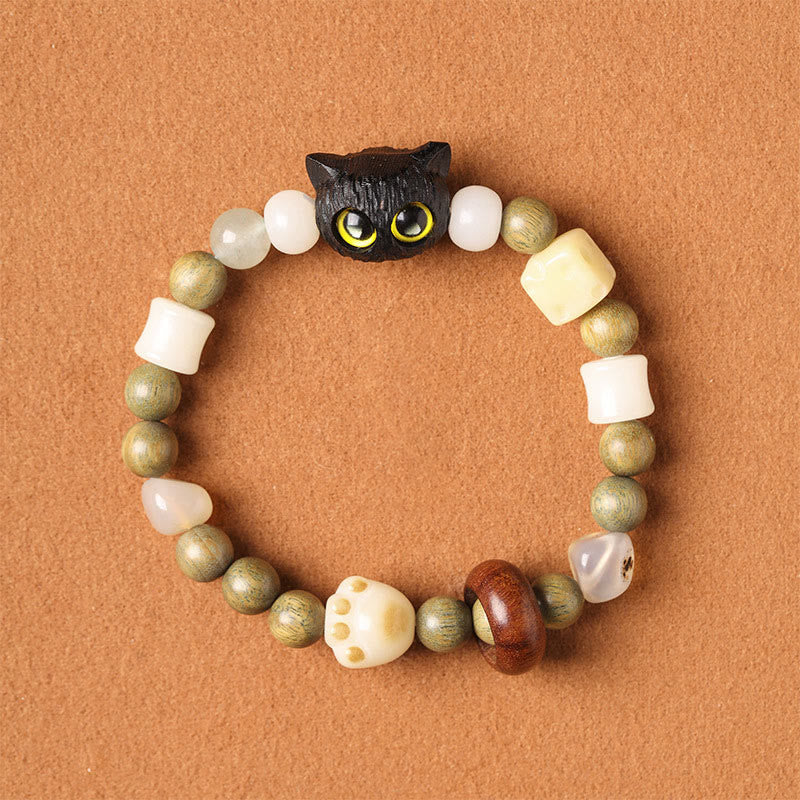 Buddha Stones, semillas de Bodhi, sándalo verde, madera de ébano, hoja pequeña, sándalo rojo, cabeza de gato, garra de pata, pulsera de la paz - Lindo gato de madera de ébano (ojos amarillos) (circunferencia de muñeca: 14-16 cm) - image 16