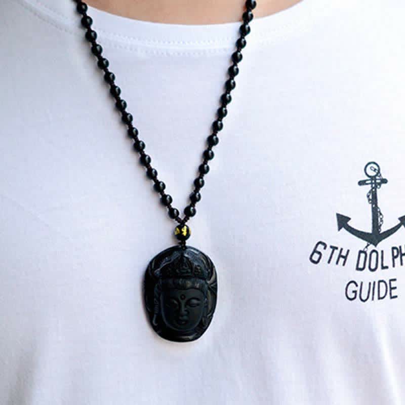 Buddha Stones Obsidiana Negra Natural Kwan Yin Avalokitesvara Collar de Cuerda de Fuerza Colgante - image 4