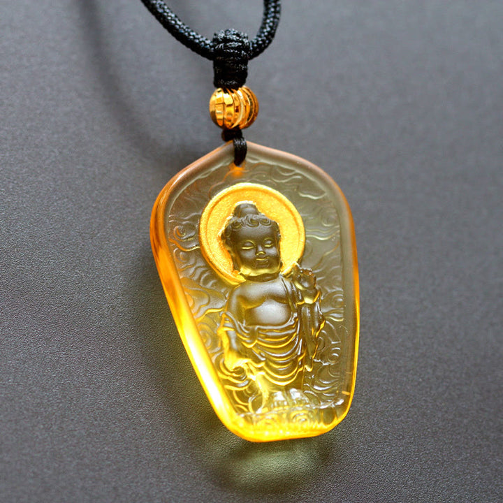 Collar con colgante de serenidad de cristal Liuli de Buda tibetano con Buddha Stones - Luz de Buda amarilla - image 6