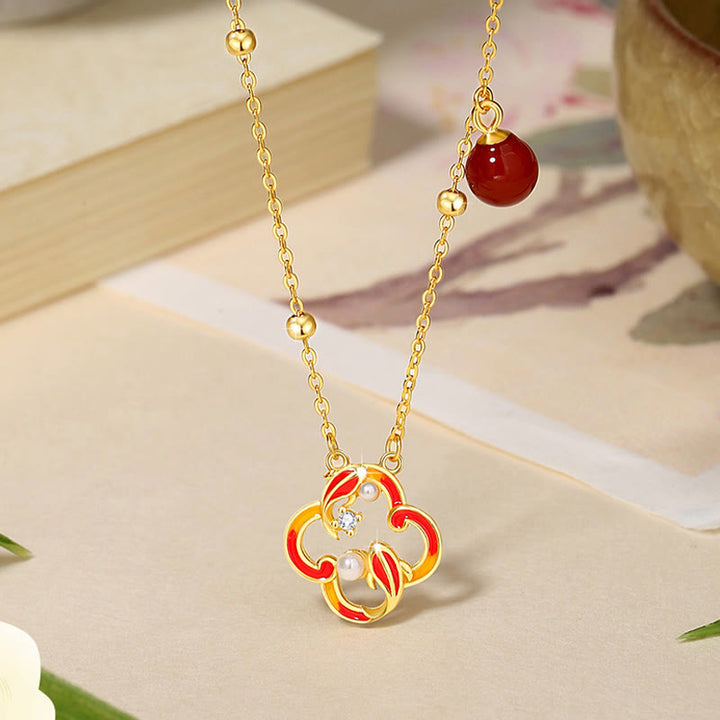Juego de pendientes y collar con colgante de trébol de cuatro hojas, Plata de Ley 925, Buddha Stones , ágata roja, perla, riqueza