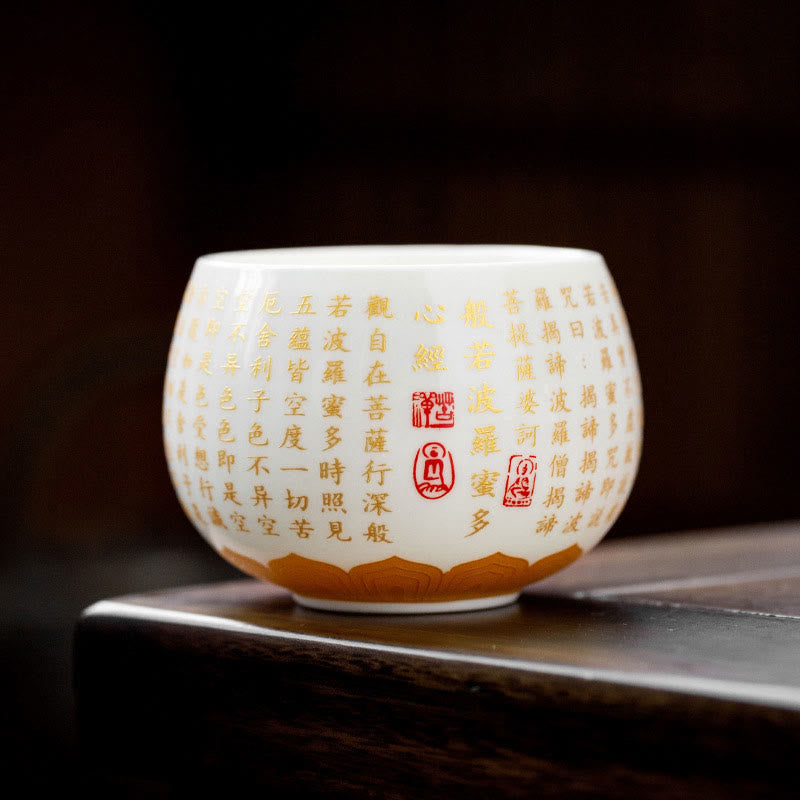 Taza de té y platillo con tapa, taza de té de cerámica Gaiwan, Sutra del corazón budista, Buddha Stones , pequeño personaje Fu, Kung Fu