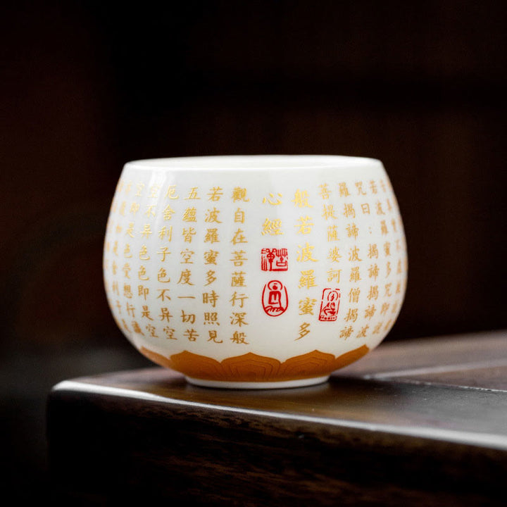 Taza de té y platillo con tapa, taza de té de cerámica Gaiwan, Sutra del corazón budista, Buddha Stones , pequeño personaje Fu, Kung Fu