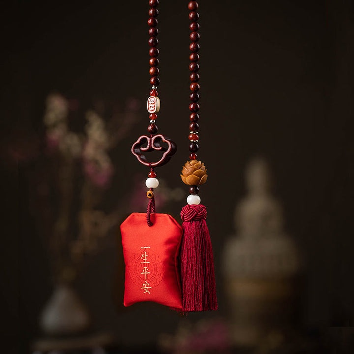 Buddha Stones tibetanas, hoja pequeña, sándalo rojo, loto, cinabrio, bolsita de protección, borla, decoración colgante para coche