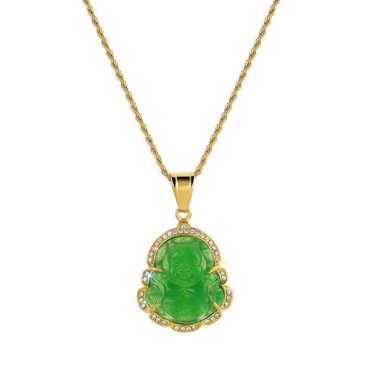 Colgante de cadena con collar de la suerte de jade de Buda sonriente relleno de oro de 18 quilates con Buddha Stones - Verde - image 3