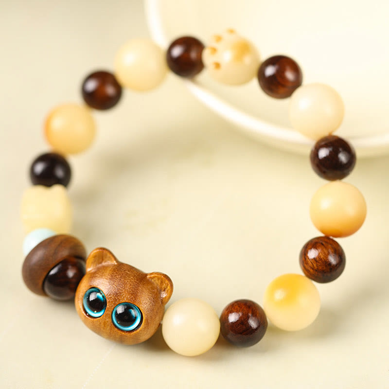 Pulsera de la paz con Buddha Stones, semilla de Bodhi Natural, sándalo, cabeza de gato bonita de la suerte, garra de pata - image 3