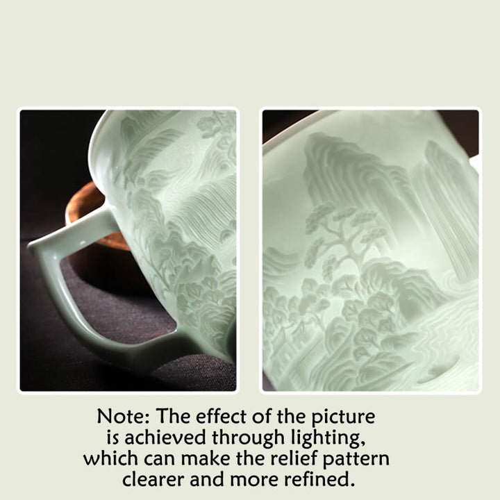 Buddha Stones Jingdezhen, porcelana blanca hecha a mano, gran pared, paisaje, taza de té de cerámica grabada, taza de oficina, tazas de té