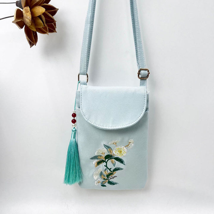 Bolso bandolera con flores bordadas pequeñas y Buddha Stones, bolso de hombro, bolso para móvil de doble capa