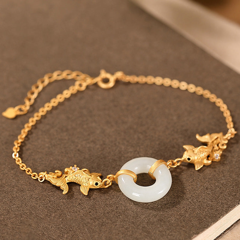 Pulsera de prosperidad de pez koi de jade blanco con Buddha Stones