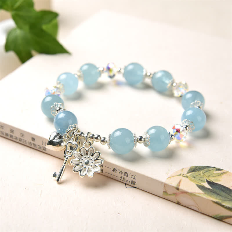 Pulsera con dije de llave de amor con flor de serenidad de aguamarina natural de plata de ley 925