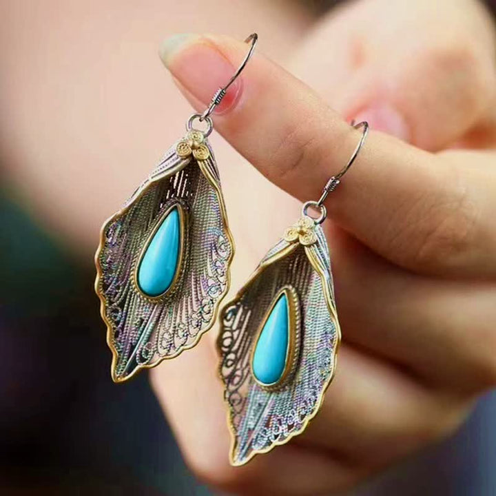 Pendientes colgantes de plata de ley 925 con diseño de hoja de Bodhi turquesa
