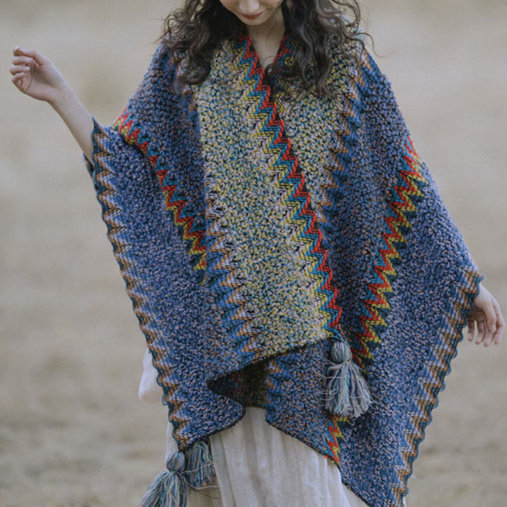 Mantón tibetano de Buddha Stones, capa de punto suave y cálida, bufanda tibetana con borlas de invierno - Azul - image 0