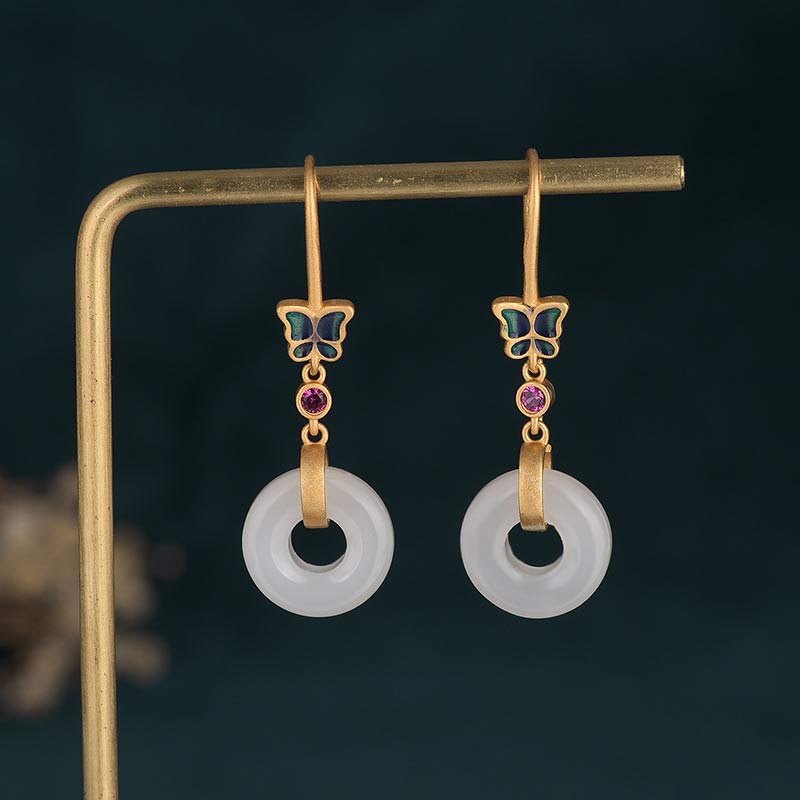 Pendientes de la fortuna de mariposa de jade blanco FengShui