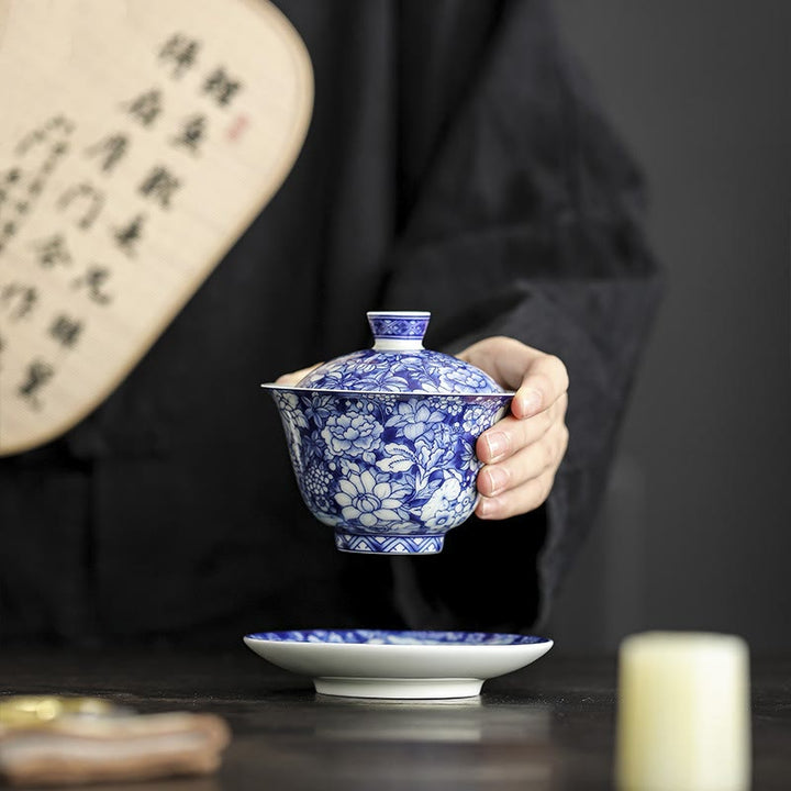 Taza de té y platillo de cerámica Gaiwan Sancai, porcelana azul y blanca Vintage, Buddha Stones , Kung Fu, con tapa