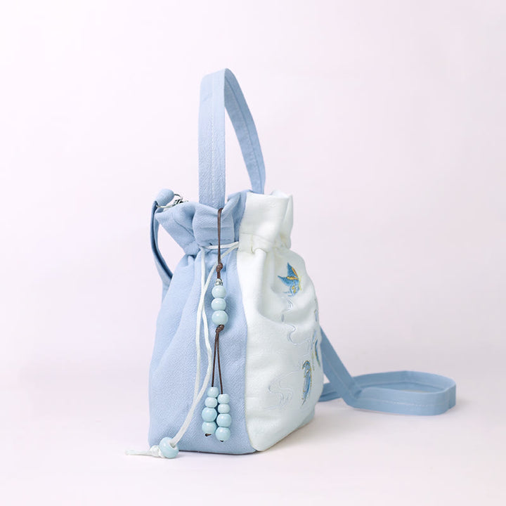 Bolso bandolera con Buddha Stones, bordado, mariposa, loto, magnolia, algodón y lino