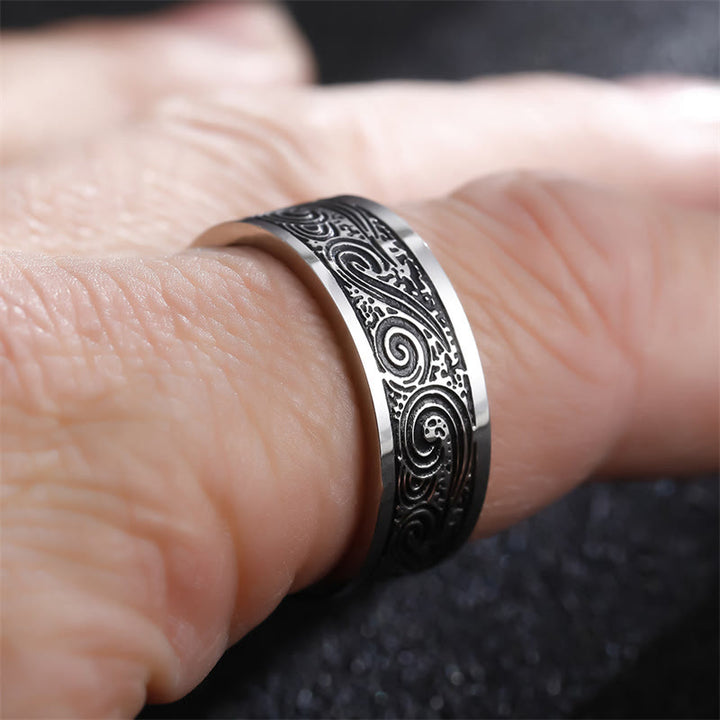 Anillo de equilibrio de acero de titanio con patrón grabado de nubes auspiciosas de onda vintage - image 3