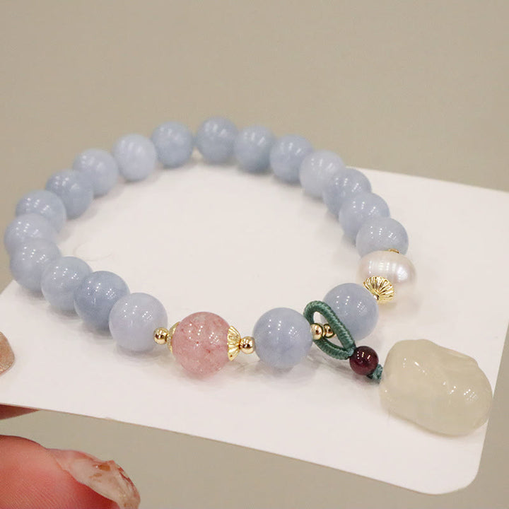 Pulsera con dije de gato, calabaza, conejo, calcedonia, aguamarina natural , Buddha Stones - image 4