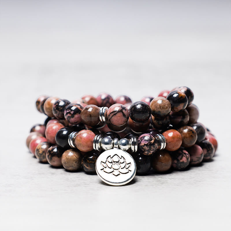 Pulsera de energía de compasión de loto de rodonita con 108 cuentas de Mala de Buddha Stones