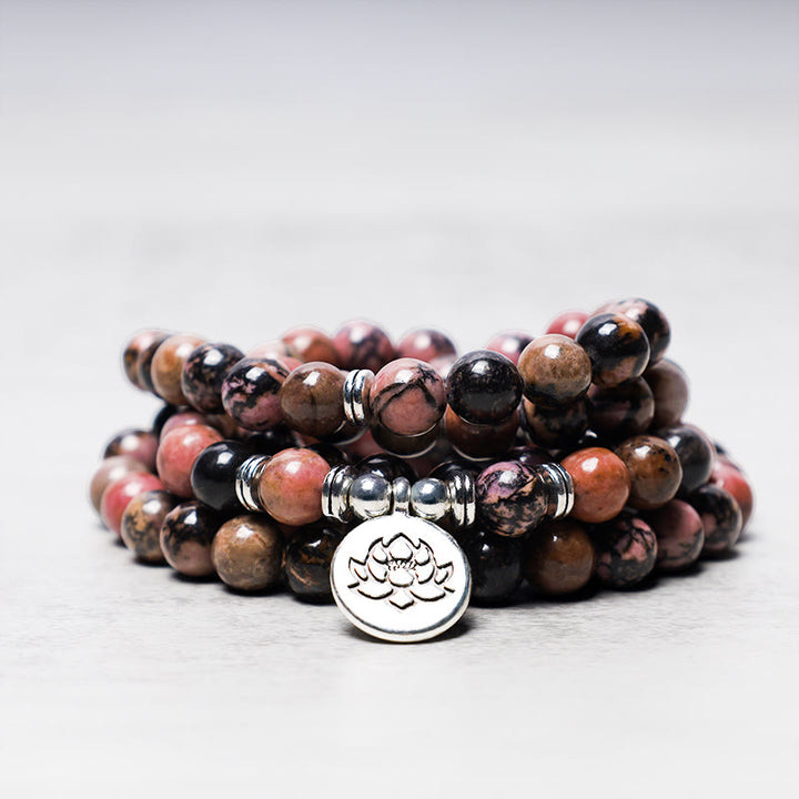 Pulsera de energía de compasión de loto de rodonita con 108 cuentas de Mala de Buddha Stones