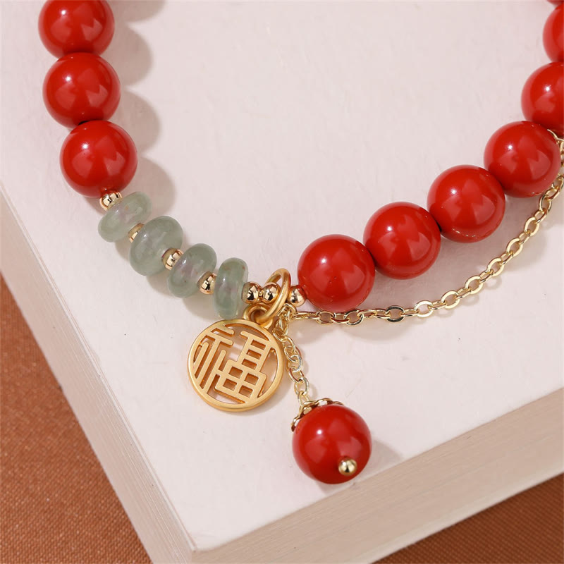 Pulsera Calma De Jade Con Carácter Fu Auspicioso Cinabrio De Buddha Stones