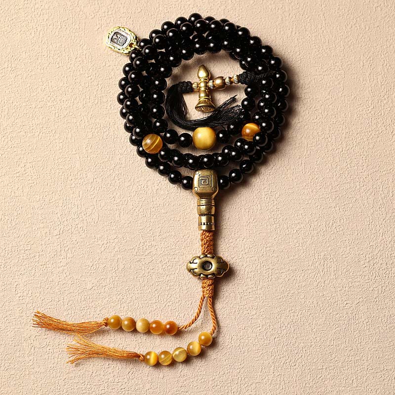Buddha Stones tibetanas 108 cuentas de Mala ónix negro cuentas de ojo de tigre pulsera de protección Bagua de nueve palacios