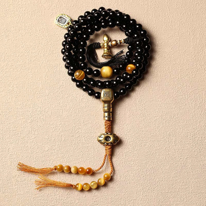 Buddha Stones tibetanas 108 cuentas de Mala ónix negro cuentas de ojo de tigre pulsera de protección Bagua de nueve palacios
