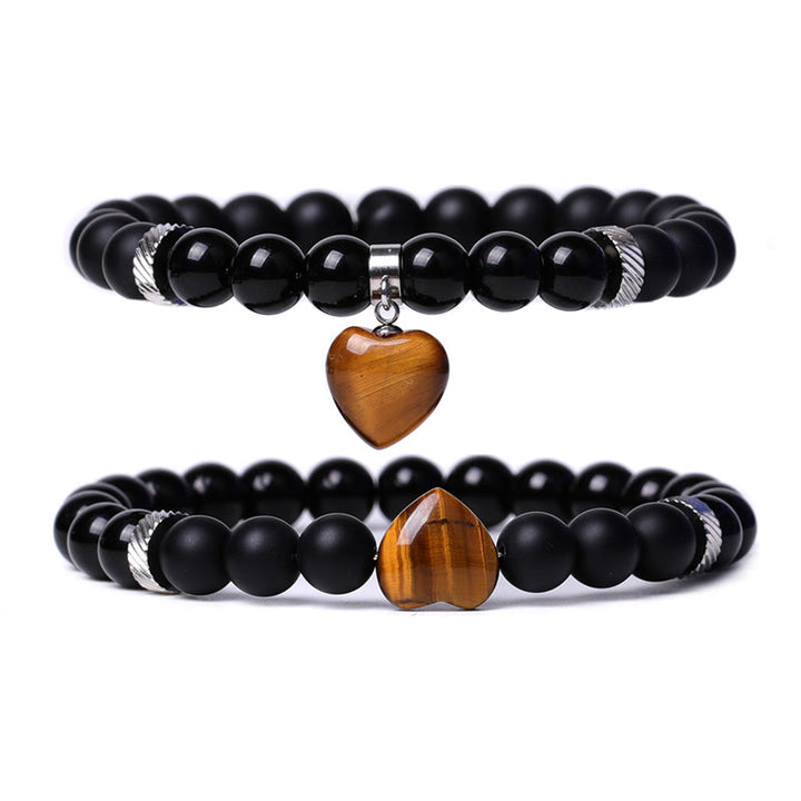 Buddha Stones 2 piezas de piedra de cristal de ónix negro amor protección del corazón pulsera de pareja