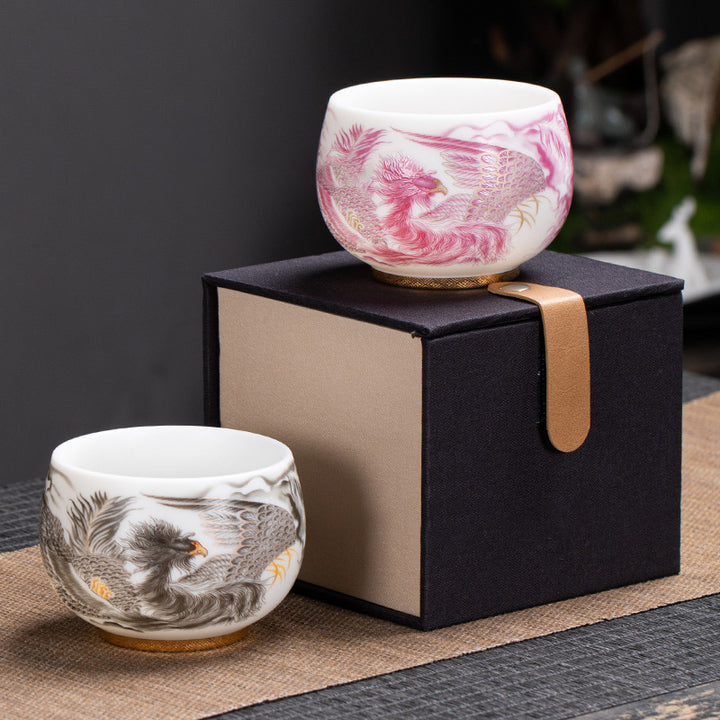 Taza de té de cerámica de porcelana blanca Phoenix Buddha Stones, taza de té de Kung Fu de 185ml con caja de regalo