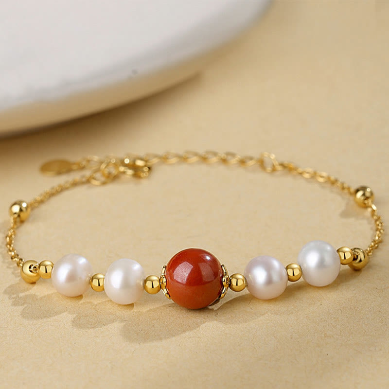 Pulsera de cadena de cuentas curativas de cinabrio y perlas de plata de ley 925 con Buddha Stones - Perla y cinabrio - image 0