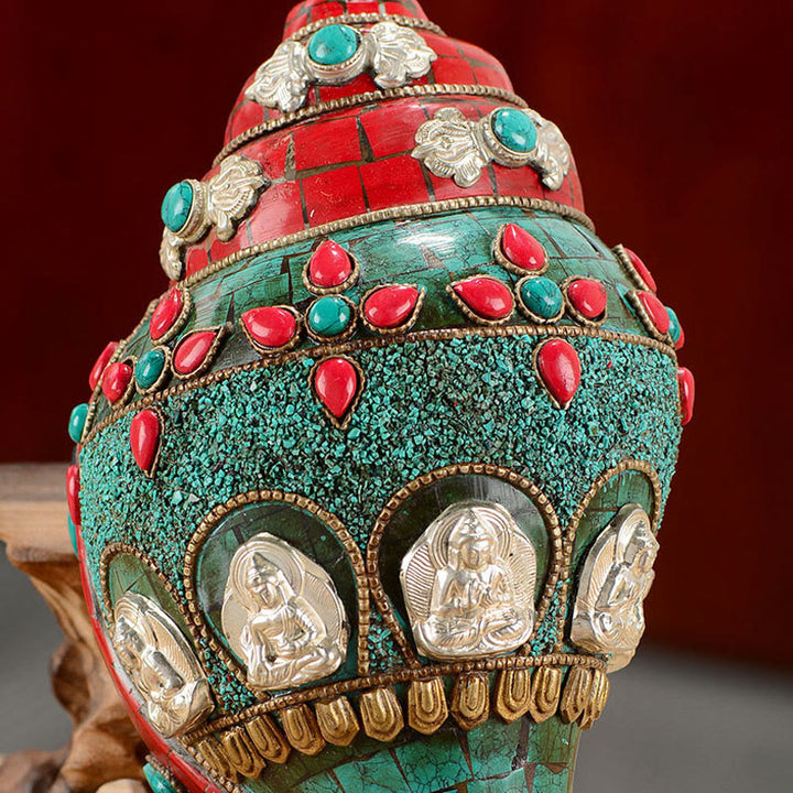 Tibetano hecho a mano Shankha Om Mani Padme Hum Buda Avalokitesvara turquesa Concha decoración positiva - image 6
