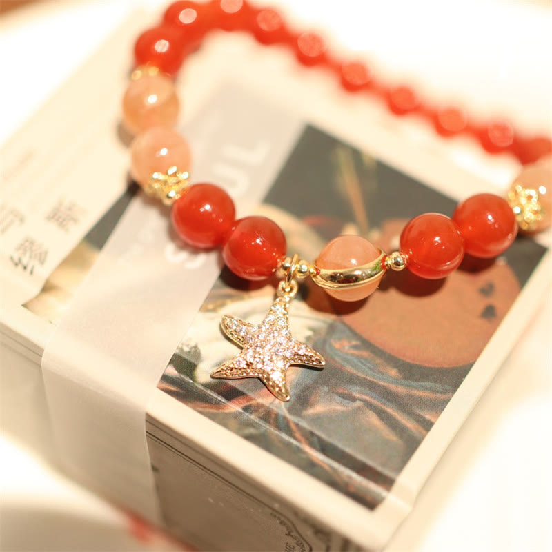 Pulsera de riqueza de estrella de cristal de ágata roja, piedra lunar, melocotón, piedra solar